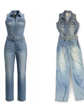 Retro Light Blue Denim Sleeveless Jumpsuit with Studded Belt Sz M